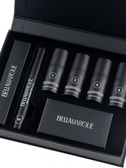 Black kit box open showing various Bellamarque brow products