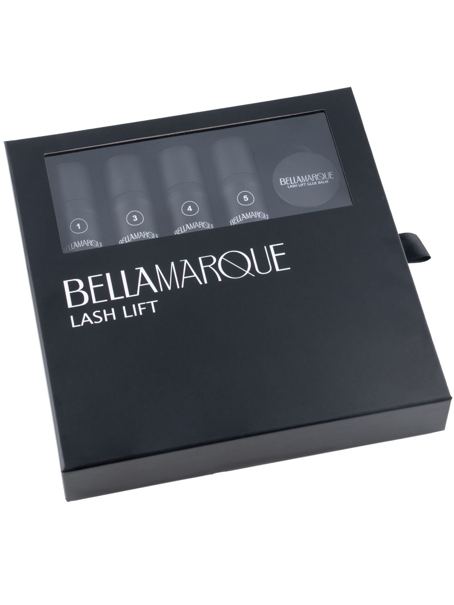 Black box labeled "BELLAMARQUE LASH LIFT" containing four numbered tubes for lash treatment.