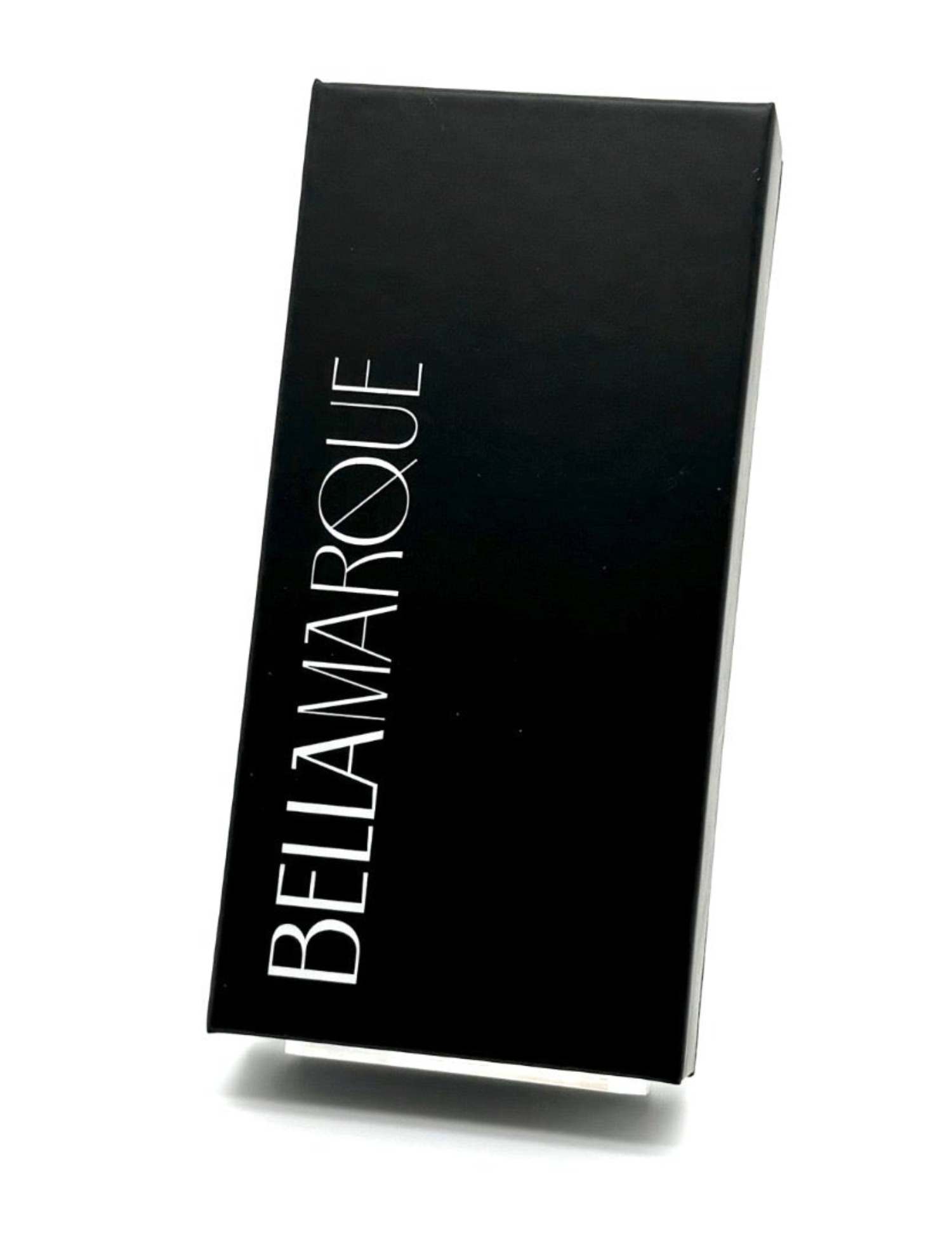 Elegant black packaging box for lash extensions, featuring 'BELLAMARQUE' in white lettering on a sleek, dark surface.